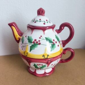 Make the Season Bright" Holly Berry Tea Set For One, a three-piece, winter-theme